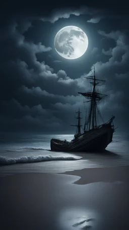 Moonlight on the shore with sinking ship
