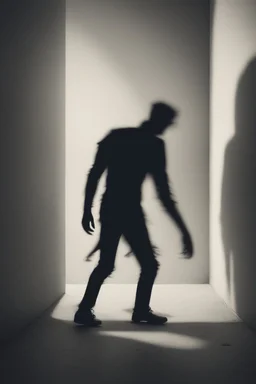 a distressing image of a person walking, shadow trailing them, but the shadow is a monster