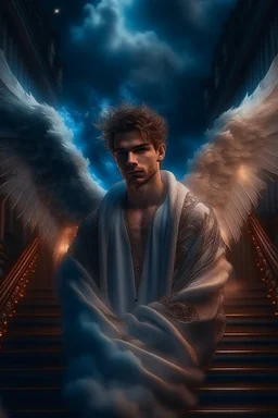 fluffy clouds, close facial portrait of the streetwise magician posing in elaborate cape, angels and demons, fireflies , staircase with closed gates of heaven, 4 k, down light, depth of field, trending art, high detail