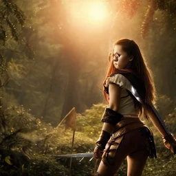 realistic, young spanish pirate girl with a short sword fighing a giant metal monster with blood. in the forest. 3k, cinematic, gloom lights