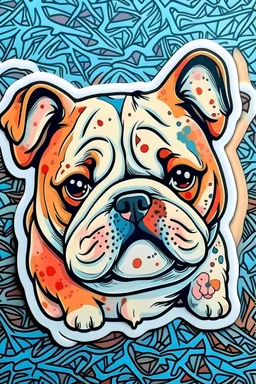 an adorable sticker of adorable bull dog illustration| colorful background, ceramic, detaild everything, 8k, high quality, --niji 5