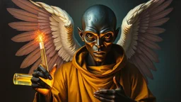 pin hole cam, master oil painting by Rembrandt, realistic rendering of crazy dark skinhead angel alien scientist holding a holy neon glowing super power tube gensis vial