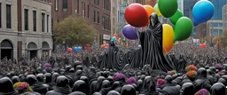 200 ft tall floating cartoonish jesus parade balloon pulled by multiple grim reapers, multi colored, bright, vivid, psychedelic, high detailed, high gloss, insanely detailed, matte, horrorcore, lining the street, unsettling contrast, monument to death, live action shot grim reaper parade, pulling a jesus parade float