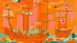 A light rosy orange colored bay with pirate ships and crystals designed in German folk art painted by Alexej von Jawlensky