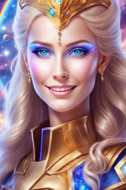 cosmic woman smile, admiral from the future, one fine whole face, crystalline skin, expressive blue eyes,rainbow, smiling lips, very nice smile, costume pleiadian, Beautiful tall woman pleiadian Galactic commander, ship, perfect datailed golden galactic suit, high rank, long blond hair, hand whit five perfect detailed finger, amazing big blue eyes, smilling mouth, high drfinition lips, cosmic happiness, bright colors, blue, pink, gold, jewels, realist, high,rainbow commander