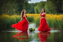 shot from front ,green field and wild flower field ,(A German beauty , with a melon seed face and wearing a red camisole skirt. She has a slender figure, beautiful makeup,very nice eyes looking around and elegant temperament walking and whisppering a song with emotions in water toward camera in trees next to wavy river with clear water and nice sands in floor.camera capture from her full body front, spring blosom walking to camera ,wild flowers moving in the wind ,blue sky,moving pretty clouds ,