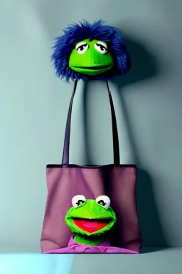 Fashion bag made with muppet fabric, Sesame Street style, fashion photo studio, clean background, unreal engine 5, ray tracing, RTX, lumen lighting, ultra detail, volumetric lighting, 3d.