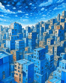 A blue city with cube buildings designed in cave paintings painted by Katsushika Hokusai