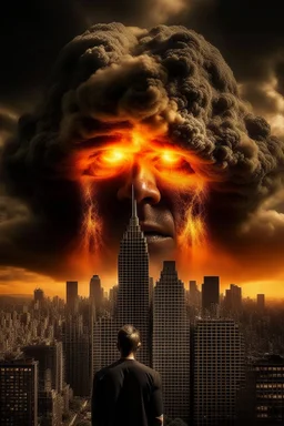 A volcano exploding over a New York City, inside the explosion flame a giant man face