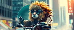 wall poster of transparent biker woman weasel rasta man with cute fur holding a huge specled glass pane cover, in big cyberpunk city crossover, volume light and motion blur, airbrush and pen outline