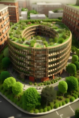 Urban agroecology center that merges in the city. academic center for knowledge and collaboration. make it in round lines and warm colors
