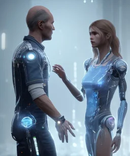 detroit become human, man, young women AI looking at each other, real Handshake, sci-fi fantasy style, volumetric lighting, particales,highly detailed,cinamatic, deep colours,8k.