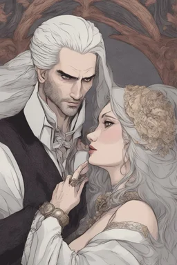 Strahd Von Zarovich being kissed by a beautiful woman with white hair, wearing an off the shoulder dress. Settling and background are a lavish toomb with an ebony coffin.