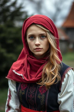 portrait a dark blonde young married woman in authentic Hungarian sárköz folk costume and short red woman headscarf , look at the camera, high realistic, high qulity, detailed, sad, beauty, perfect photo