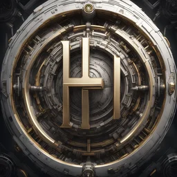 create me a large, centered letter H encased in a thin round, ornate golden ring. metallic,silver accents can be used. mechanical futuristic space cyberpunk style. extra electrical and pneumatic details, robot arms, laserguns. think dyson sphere, warp core, plasma couplings, maybe on the side of a spaceship. background should be black. make the H bigger.