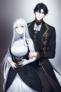 A beautiful young woman with long white hair and blue eyes, pale skin with opal freckles. Wearing a black dress. A man with long black hair in a Victorian suit. Couple.