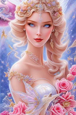 Magnifique woman, lady fairy, facing happy, voluptuous white, pink enchanted flowers, wings magic, long big dress, pink outerspace stars planets, Beautyful smiling, young woman, long hair amazing blue eyes, flowers, happy cosmic, bright colors, blue, pink, gold, jewels, realistic, photo real, clear sunny background, highly detailed, high contrast, 8k high definition, unreal engine 5, extremely sharp detail, light effect, sunny light background