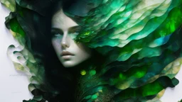 collage, old paper, slightly worn edges, alcohol ink, hyperdetail, portrait of a translucent woman surrounded by a rich dark green background with a slight mist and otherworldly glow, which creates a dreamy and ethereal atmosphere, Anna Razumovskaya, Anna Dittmann, Luis Royo