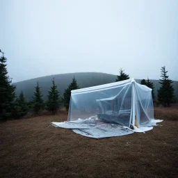 A polaroid photo of an odd room with structures. A transparent tarpaulin covers an image resembling a ruined building. There is a group of fir trees in the background and a high hill in the distance. The surface below is in a pastel color. Fog is present.