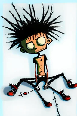 2d drawing of a stickman, cool with punk hair, x eyes like in hangman, laying flat on stomach,3d realistic in colour