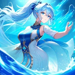 girl, masterpiece, best quality, volumetric lighting, dynamic pose, detailed outfit, perfect eyes, light blue hair, blue eyes, messy hair, hair in between the eyes, water magic, high ponytail,