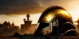 apocalypse, chaotic, magnificent, realistic, colorful, massive, epic, ray tracing, cinematic, 8k, HD, Ultra High Definition, photo film, film grain, hyper-detailed, old tarnished ornate rusty Hyper detailed Gold Medieval Knight helmet on ground with glass visor