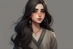 Illustrate the charm of a digital character - stylish girls in a casual Pakistani dress, their big grey eyes shining, and their long black hair adding a touch of elegance."