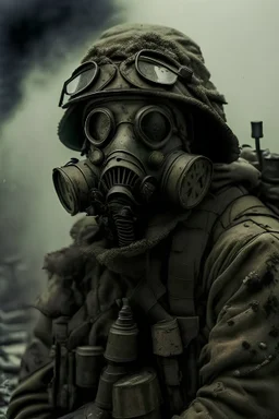 A soldier wearing a gas mask with his gun in gulag , photo looks like realistic