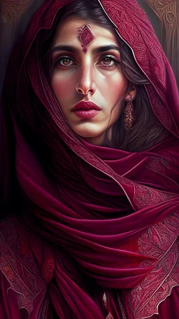 Hyper Detailed Gorgeous Turkish folklore woman, Wearing a maroon Bardot Dress & shawl