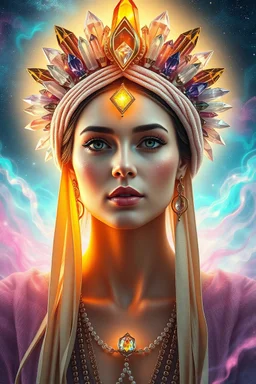 Celestial Priestess: A portrait of a woman adorned with a headdress made of crystals and fabric ribbons, her face illuminated by a gentle golden glow, surrounded by shimmering energy waves in turquoise and pink.