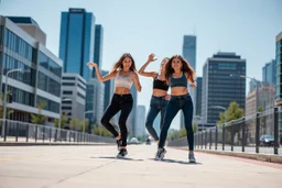 modern city wide street,pretty city scape at background ,blue sky , young beautiful ladies in pants and top ,hip-hop dancing