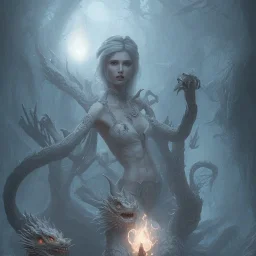 A witch with a beautiful face and full details with a wooden wand and a glowing crystal fighting big and beautiful dragons, full details, Ismailoglu, post-apocalyptic, fantasy, fantasy, 8k, 16k, by Greg Rutkowski, Sung Choi, Mitchell Mohrhauser , Maciej Kuciara, Johnson Ting, Maxim Verehin, Peter Konig, 8k photorealistic, cinematic lighting, HD, high details, dramatic, atmospheric, trending on artstation