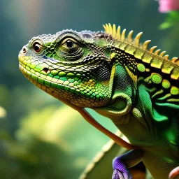 pixar style, volumetric summer garden environment and background, realistic painting of a rainbow iguana, looking excited, detailed digital painting, extreme dense and fine fur, anime, ornate, colour-washed colors, elegant, small minutiae, tiny features, particulars, centered, smooth, sharp focus, renderman gofur render, 8k, uhd, detailed eyes, realistic shaded volumetric lighting, sunlight caustics, backlight, centered camera view