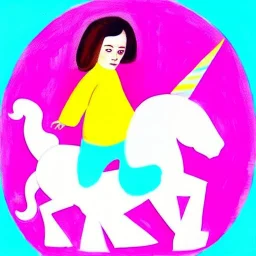 Retrato de una niña muy guapa llamada Eira Santiago Arnau montando un unicornio rosa con el estilo de Pablo Picasso