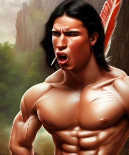 native american warrior, long black hair, big muscles, looking up, mouth wide open, scream face, shirtless