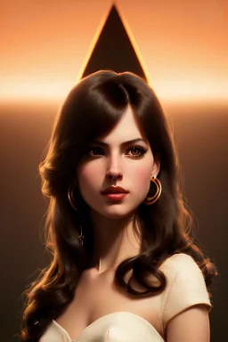 young woman, brown hair, dark orange eyes, hoop earrings, red blouse, elegant, dark eyeshadow, black eyeliner, high arch angular eyebrows, head and shoulders portrait, 8k resolution concept art portrait by Greg Rutkowski, Artgerm, WLOP, Alphonse Mucha dynamic lighting, hyperdetailed, intricately detailed, Sp