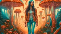 woman with black hair in a ponytail, in light brown leather trousers and jacket, walking through a forest of colourful Alien mushrooms with jellyfish tentacles, photorealistic, Intricate Detail