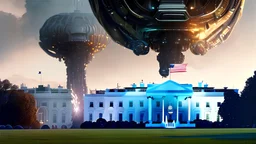 a alien craft that has landed on the white house lawn :: made of shiny obsidian glass :: reflective, glassy :: subtractive lighting, backlit :: by John William Waterhouse, Greg Rutkowski, HR Giger :: hyperrealistic, hyper detailed, photorealistic :: epic, incredible composition, amazing depth, meticulously composed, 16k resolution concept art :: fantasy magazine cover art