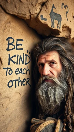 A hand writing On cave wall written “BE KIND “ “ TO EACH OTHER “ , an old man with bear and king hair , a dim lighting great quality picture with primitive style