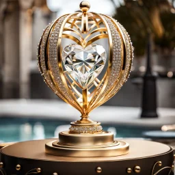 A magnificent golden and silver heart-shaped sign adorned with a stunning golden sphere encrusted with sparkling diamond clusters at its center, elegantly spinning in position.