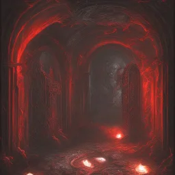 Gates of hell, Huge Door slightly opened, path of pain and suffering, walls made of skeletons, scream, Red and Black color dominating