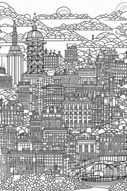 outline art fo rold cities coloring pages for adults with acient city, white background, Sketch styl, only use outline. Mandala style, clean line art, no shadows and clear and well outlined, Intricate Patterns and Details