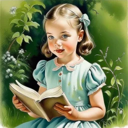 Actress Angelina jolie as a toddler, pony tail, big blue eyes, big lips, with a book,in the garden , 1950s,illustrated by Marcel Marlier, dress, soft pastel colors, , vintage