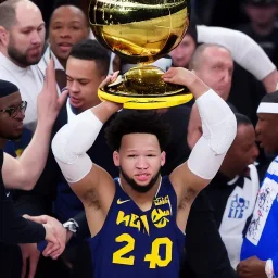 Jalen Brunson winning the NBA finals at Madison Square Garden and holding the MVP trophy above his head