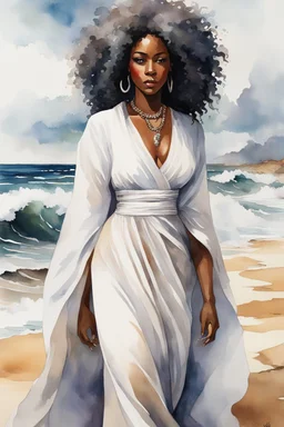 Create an urban culture watercolor painting of a beautiful thick black female wearing a soft white maxi dress and a white hair wrap. Prominent make up with lush lashes. Highly detailed tightly curly afro. Background of her walking in the sand by the ocean.