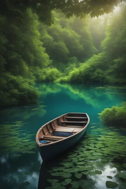 A small boat is anchored by the shore in the lake , covers a green leaves among relict trees, tropical forest in some places covered with ivy, around blue beautiful river fantasy, photo