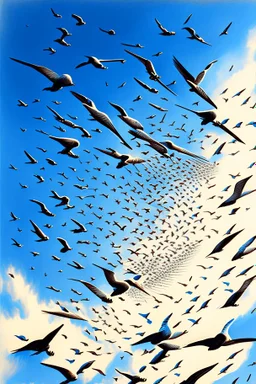 realistic drawing of a swarm of swallows in the blue sky.