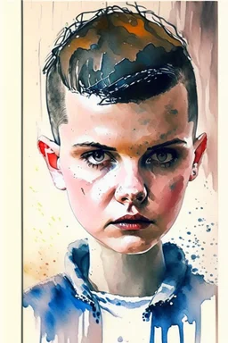 Waterbrush stranger things eleven with short hair painting