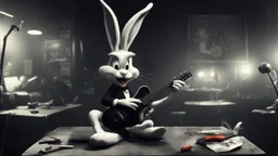 photorealistic deppressed dark melancholic sad Bugs bunny deppressed doing music rock and roll dark heavy metal on a scene alcoholic, ciggaretes ciggaretes ciggaretes sad sad sad sad