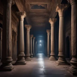 Hyper Realistic ancient pillars & huge dark hallway of a historical Indian palace with peeling wall paints at night